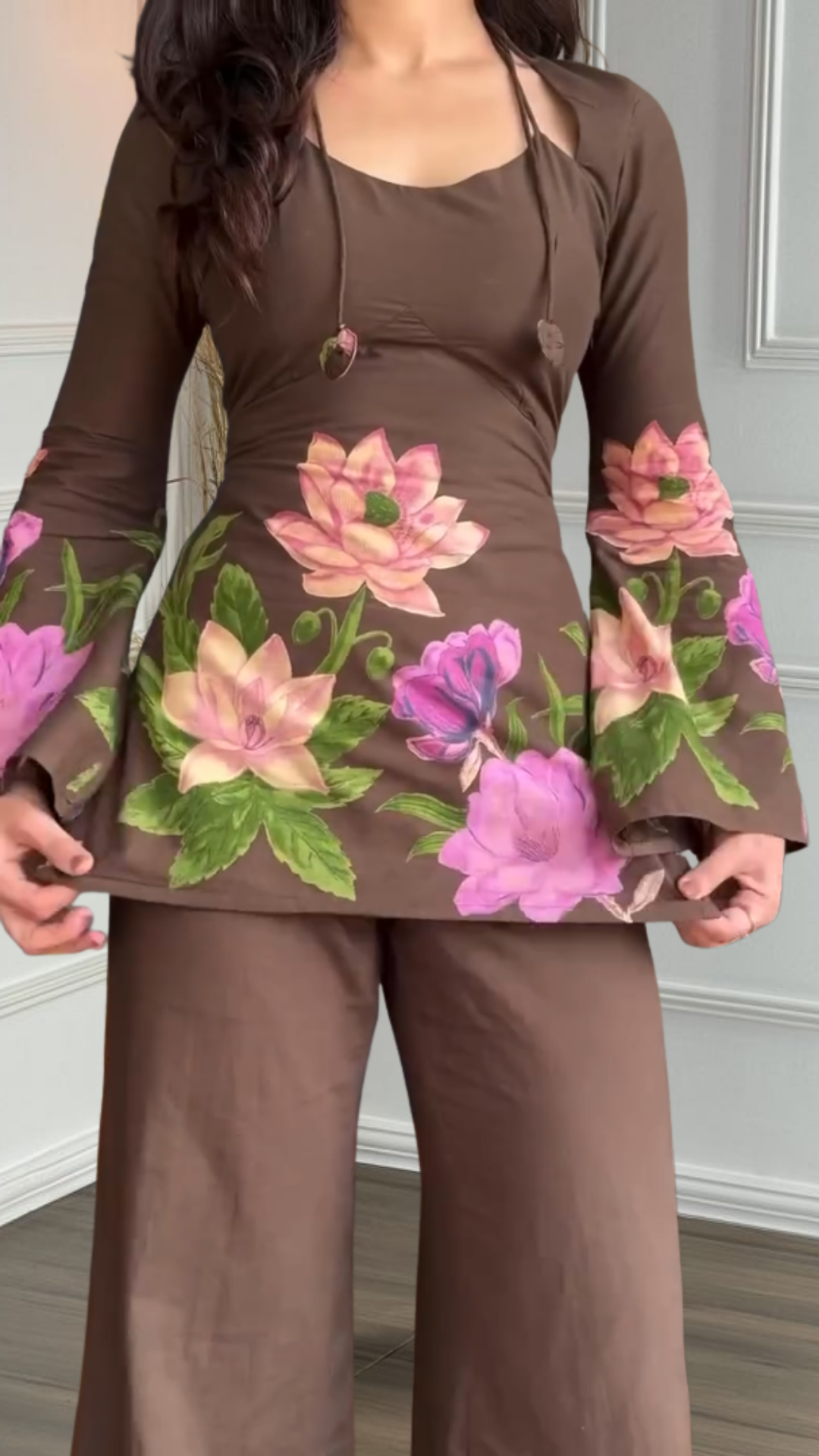 Midnight Garden Flare: Digital-Painted Floral Co-ord Set