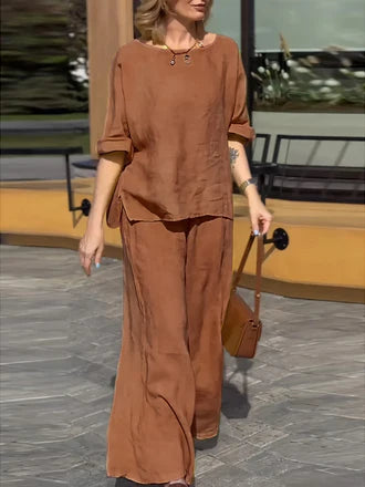 Women Round Neck Long Sleeve Side Pocket High Waist Wide Leg Trousers Set