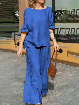 Women Round Neck Long Sleeve Side Pocket High Waist Wide Leg Trousers Set