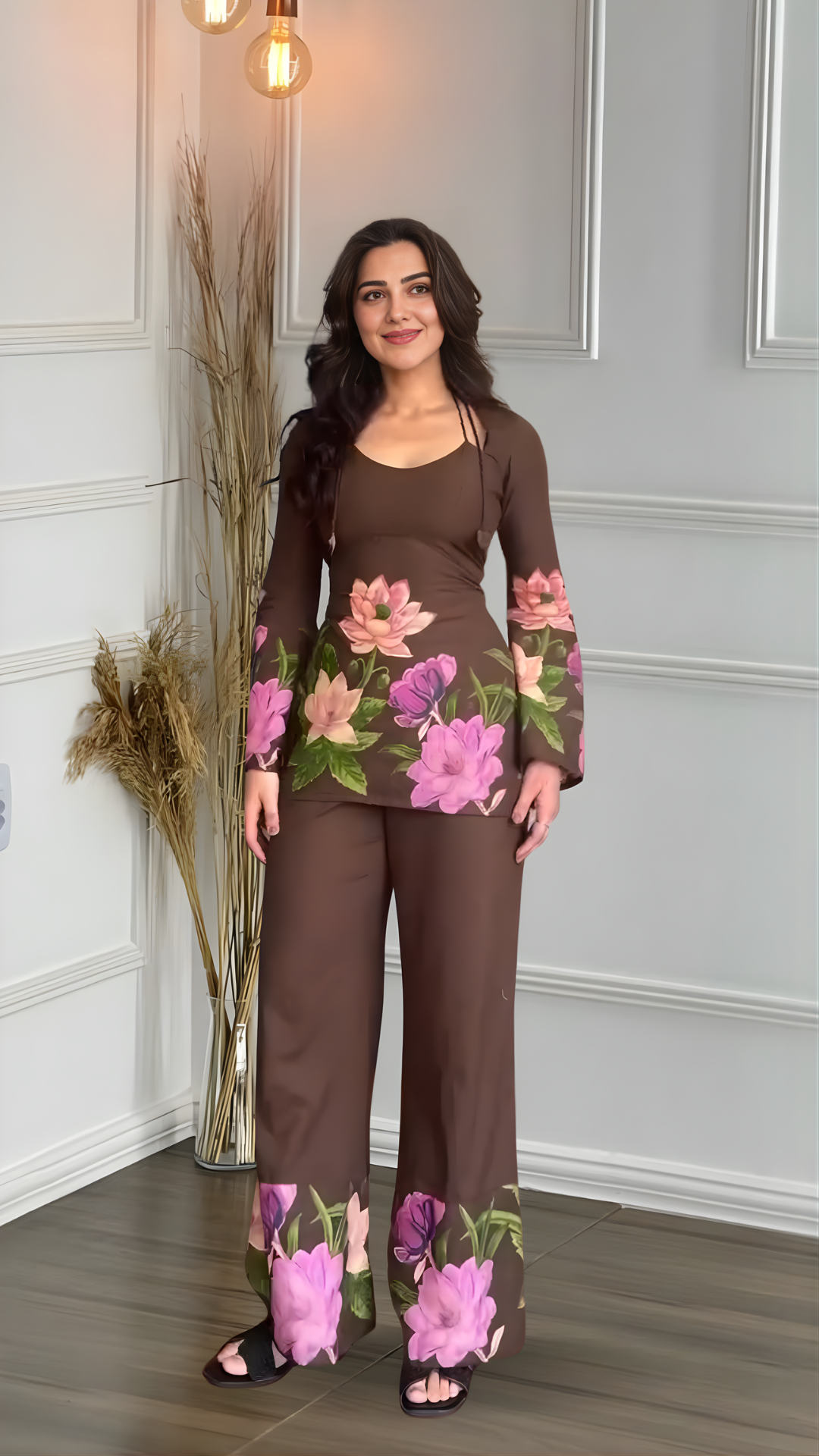 Midnight Garden Flare: Digital-Painted Floral Co-ord Set