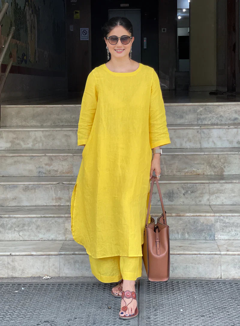 Women's Cotton Kurta pant sets -Yellow