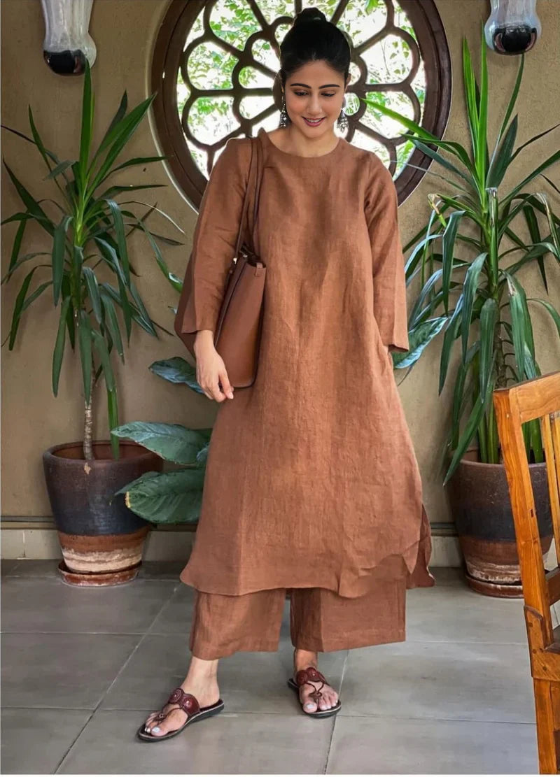 Women's Cotton Kurta pant sets -Brown