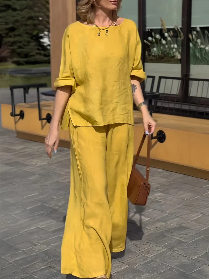 Women Round Neck Long Sleeve Side Pocket High Waist Wide Leg Trousers Set