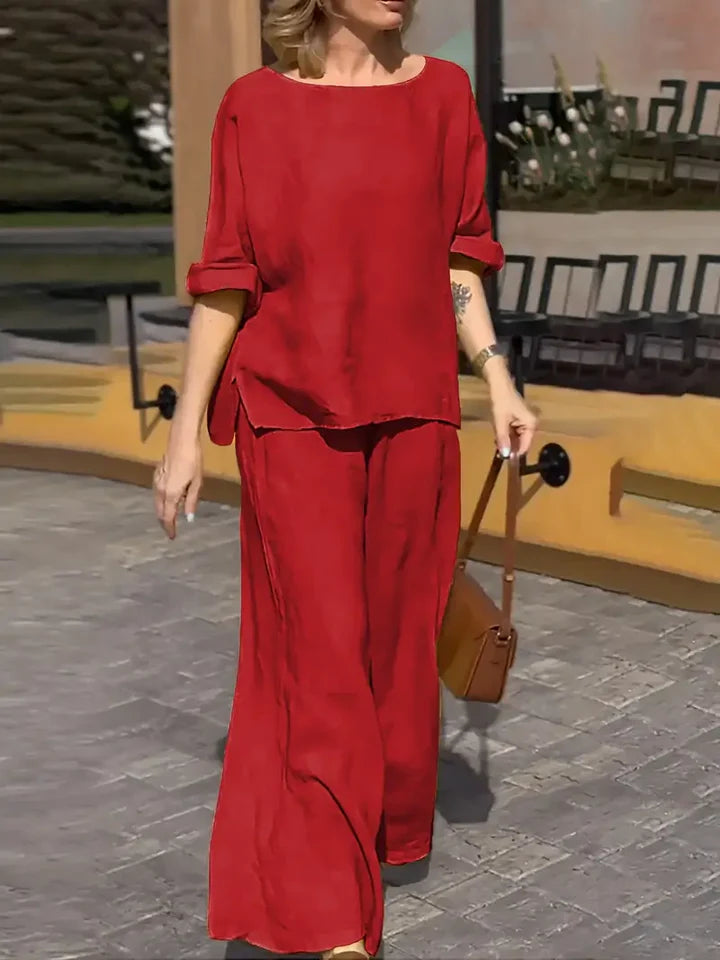 Women Round Neck Long Sleeve Side Pocket High Waist Wide Leg Trousers Set