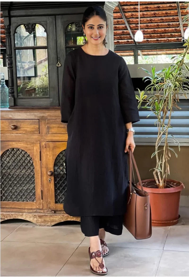 Women's Cotton Kurta pant sets -Black